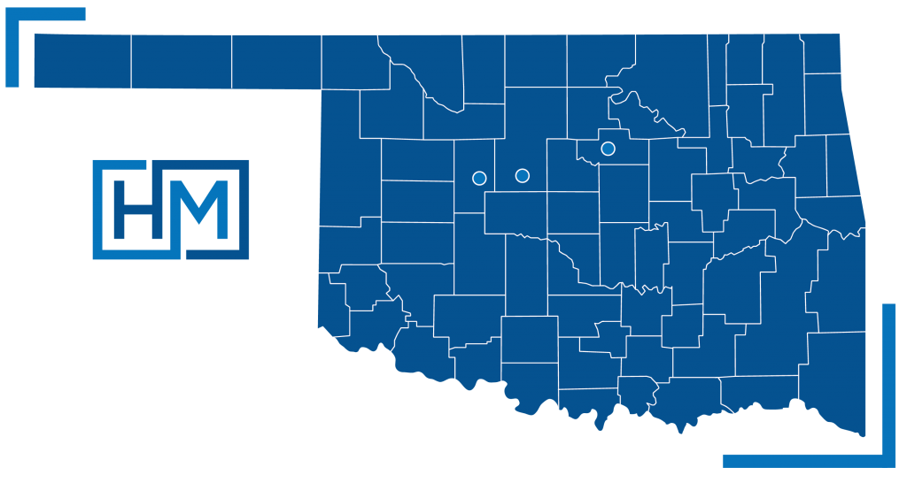 A map displaying the three different Harrison and Mecklenburg Law Inc, locations in Oklahoma.